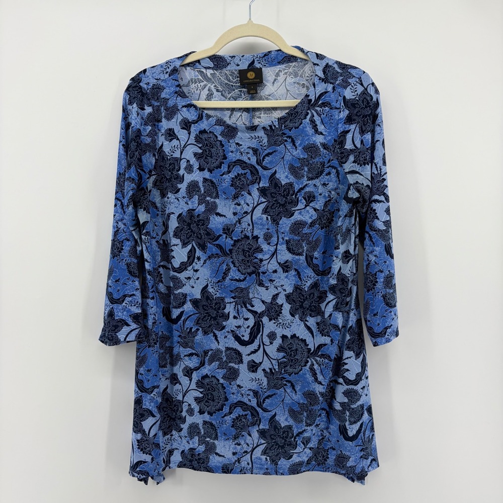 JM Collection Womens S Blue Tunic Floral‎ 3/4 Sleeve Scoop Neck Stretch Top